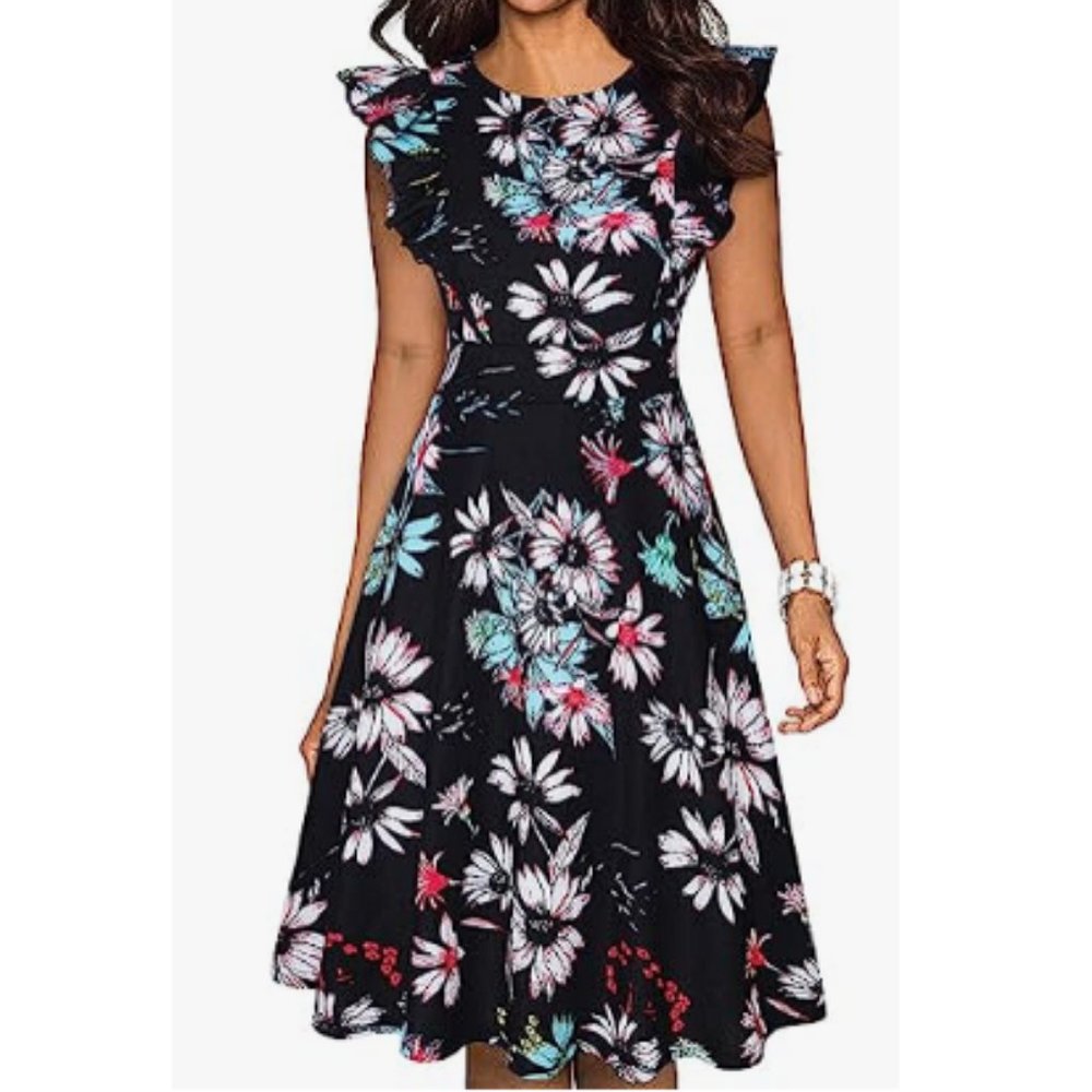 Women's Vintage Ruffle Floral Flared A Line Swing Casual Cocktail Party Dresses